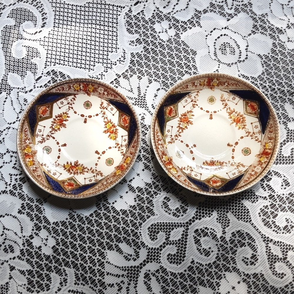 2 Vintage Newport Pottery Saucers Stafford England Rust Cobalt Blue Floral